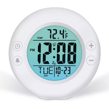 Round Multifunctional Digital Alarm Clock, Backlit Lcd Timer With Temperature And Date Readout